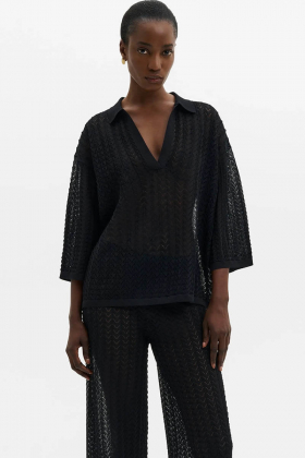 Imene Pointelle Knitted Polo Shirt, Black