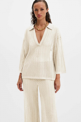 Imene Pointelle Knitted Polo Shirt, Cream