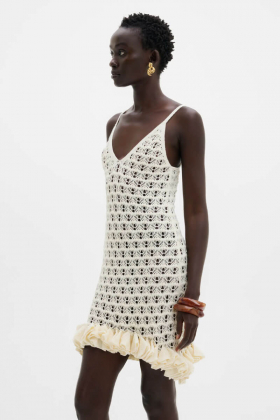 Nelle Pointelle Ruffled Mini Dress, Vanilla