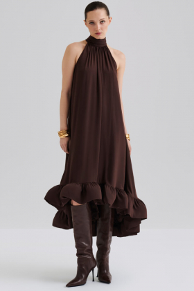 Sabrina Halterneck Ruffled Midi Dress, Chocolate