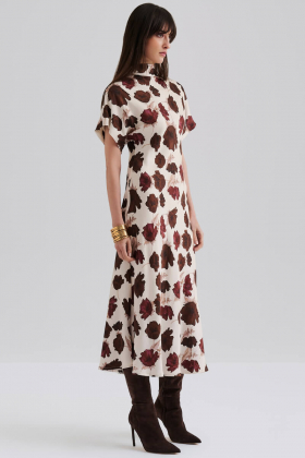 Alivia Short Sleeve Satin Midi Dress, Wine Peony