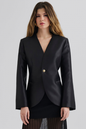 Nori Fitted Heavy Satin Blazer, Black