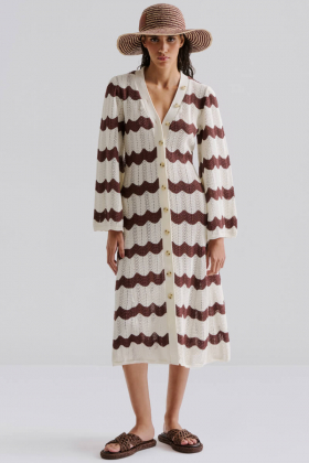 Isobel Wide Sleeve Knitted Midi Dress, Brown Stripe