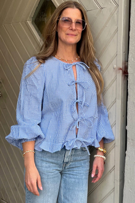 Seersucker Bow Blouse, Blue Checks