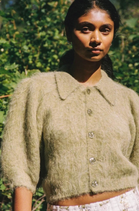 Hairy Knit Puffed Jacket, Green