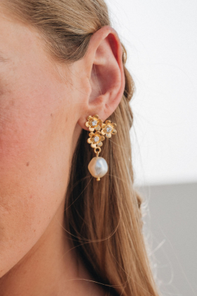 June Earrings, Gold & Pearl / Crystal