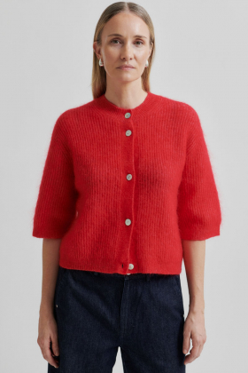 Andrea Knit Rib Cardigan, Goji Berry