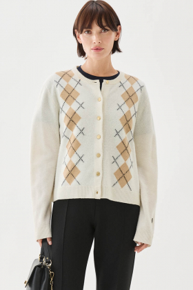 Julia checked cardigan, Ecru/Salty caramel