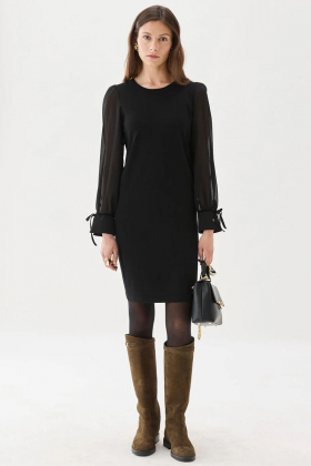 Francine merino wool dress chiffon sleeves, black