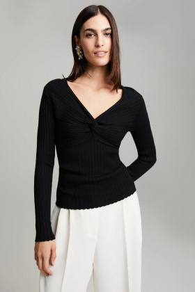 Polly Rib-Knit Blouse, Black