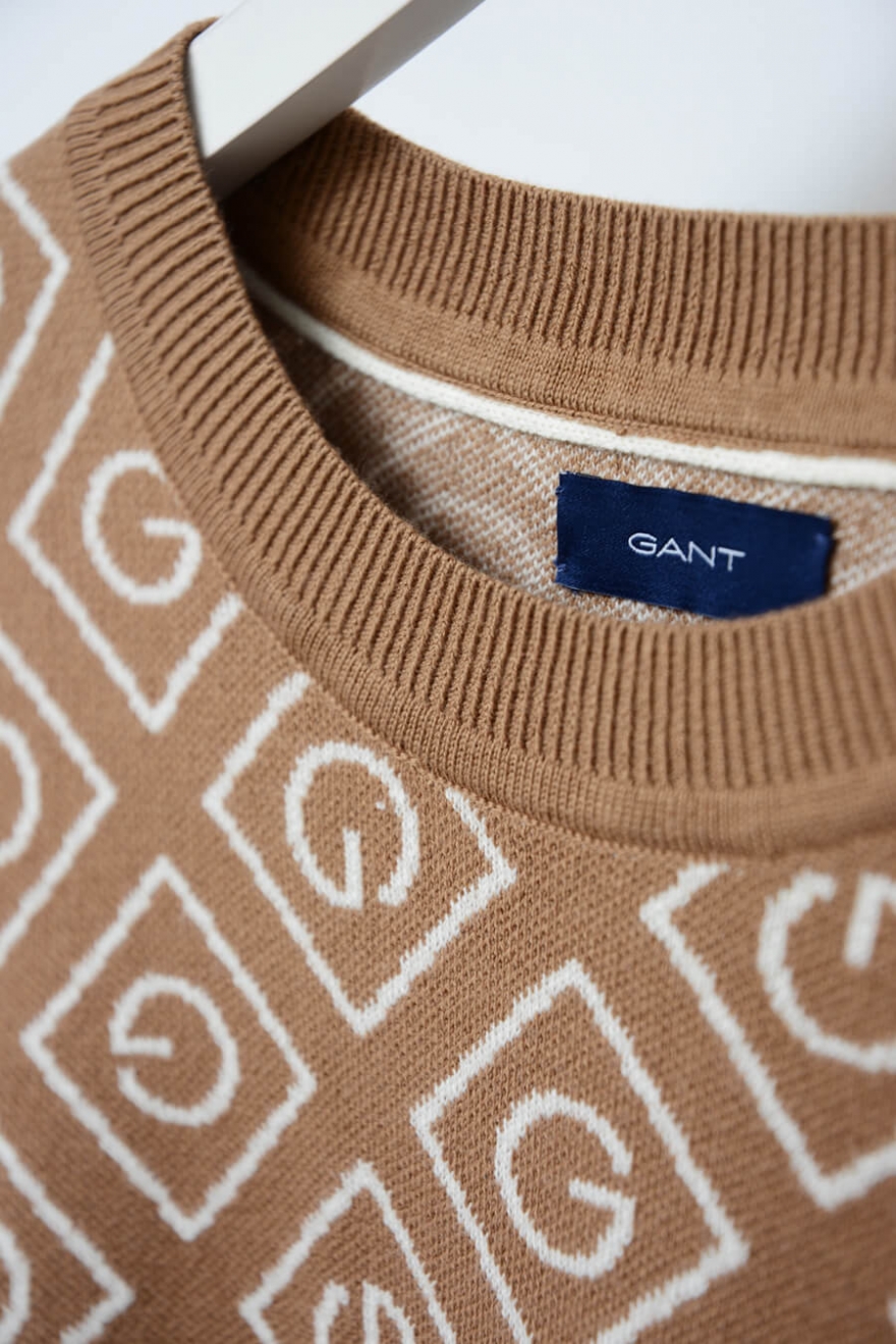 Gant Icon G Intarsia Crew Warm Khaki Sweaters Cardigans